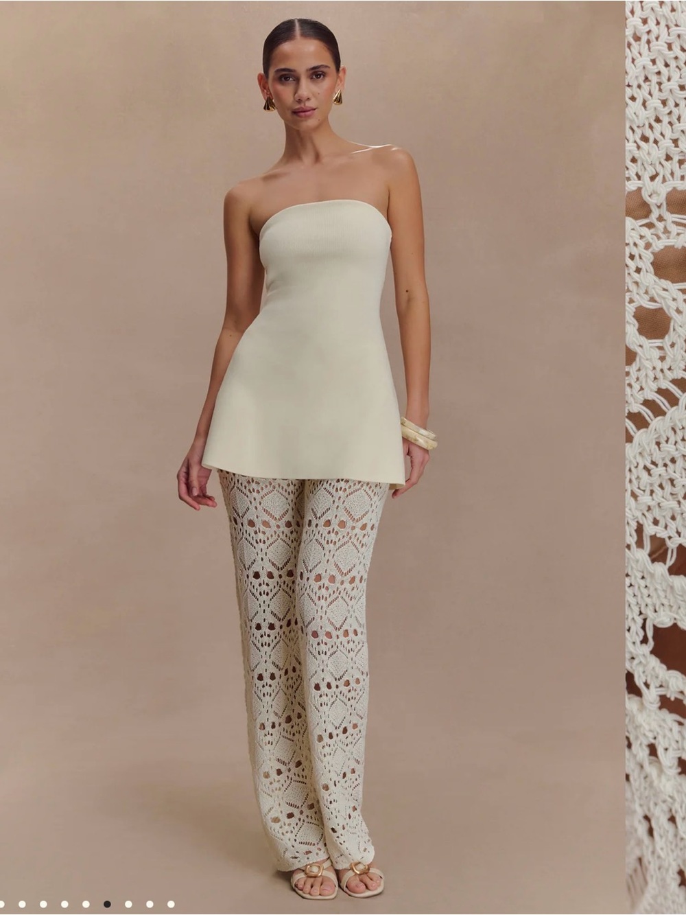 Meshki Strapless Cream Crochet Wide-Leg Pants Set